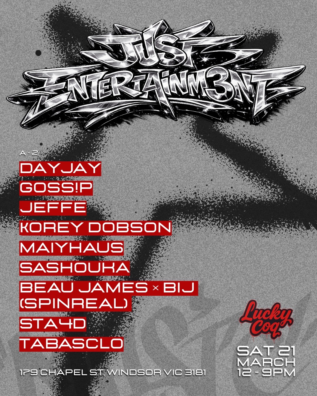 JUST Entertainment flyer — 21 March 2026